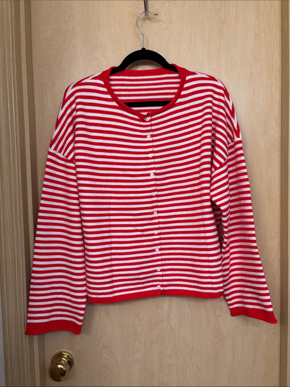 Red & White Striped Cardigan Sweater